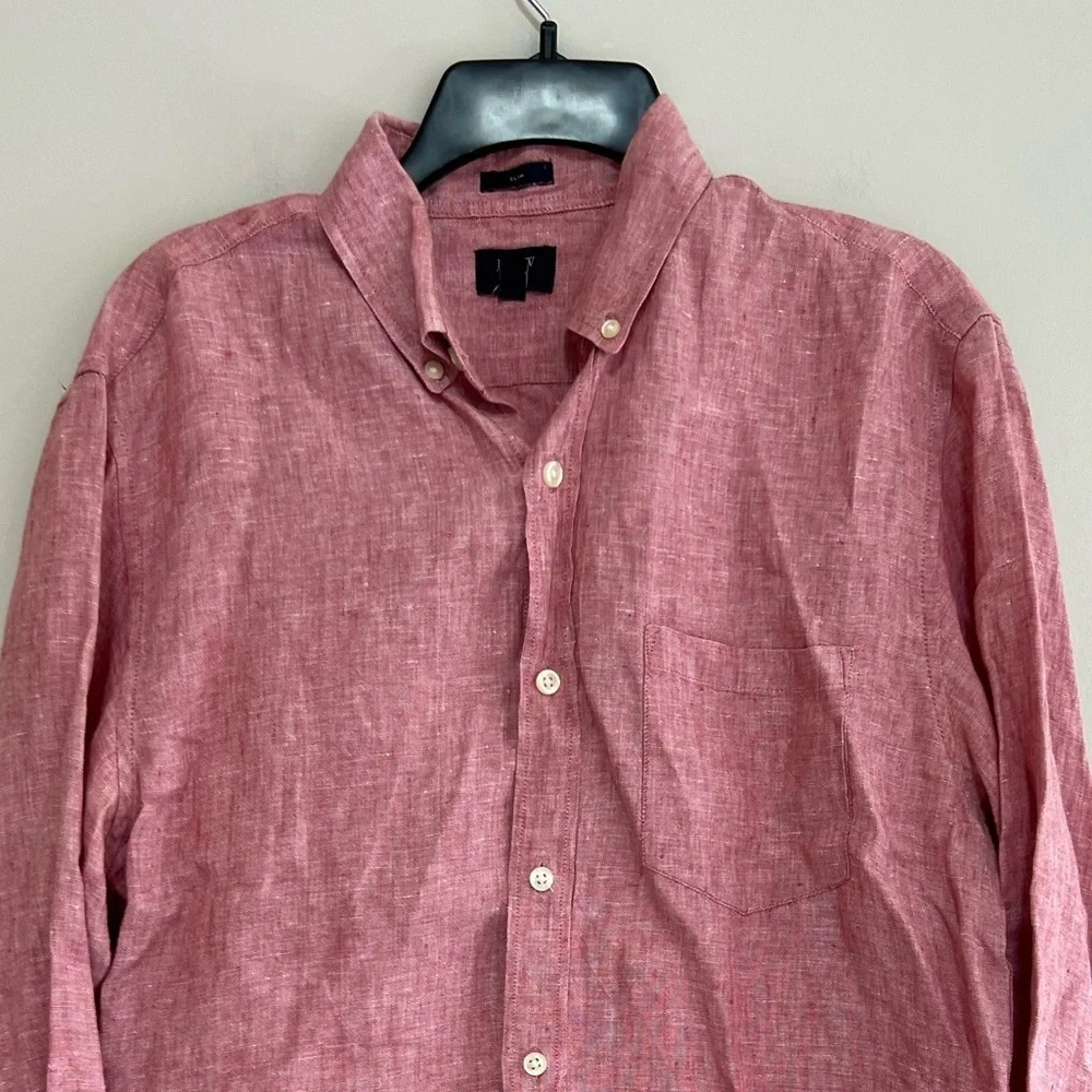 J. CREW Men's 100% Linen Slim Cut Button-Up Long Sleeve Shirt Pink Red, Medium